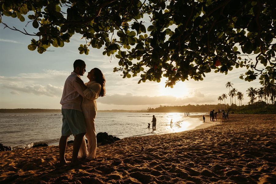 Couple embracing under a tree on a beach at sunset